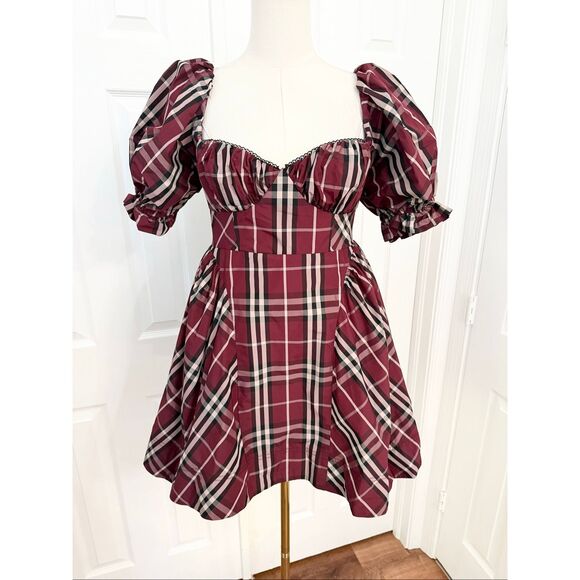 Maeve Anthropologie Womens Red Tartan Plaid Puff Sleeve Mini Dress Size XS NWT - Picture 1 of 7